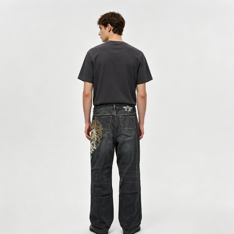 American Retro Embroidered Jeans Washed Loose Casual Straight-leg Wide Leg Pants - الصورة 4