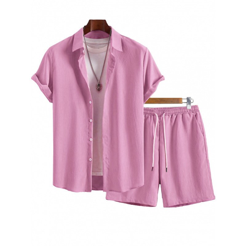 Mens Solid-Color Lapel Short-Sleeve Shirt Set - الصورة 7