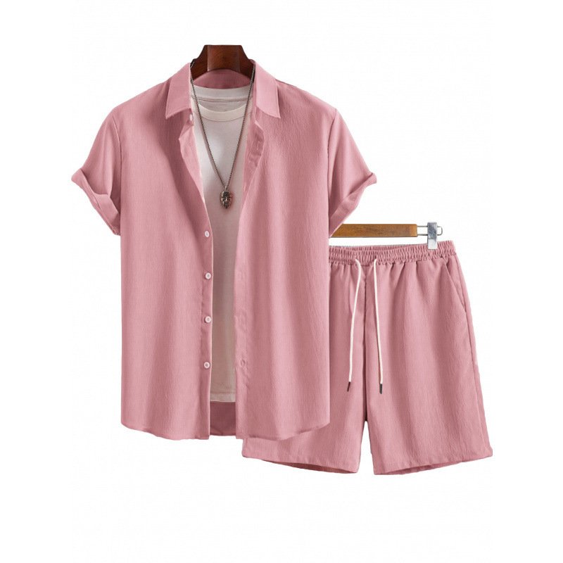 Mens Solid-Color Lapel Short-Sleeve Shirt Set - الصورة 6