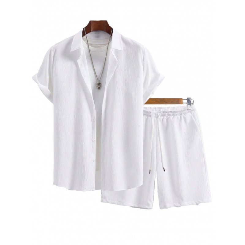 Mens Solid-Color Lapel Short-Sleeve Shirt Set - الصورة 8