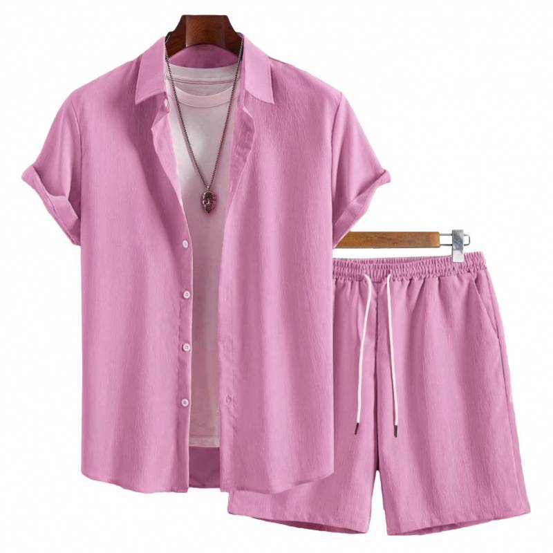 Mens Solid-Color Lapel Short-Sleeve Shirt Set - الصورة 2