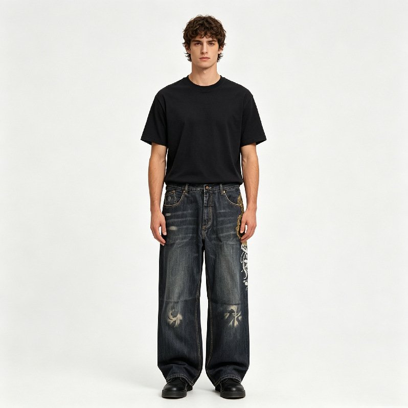 American Retro Embroidered Jeans Washed Loose Casual Straight-leg Wide Leg Pants - الصورة 2