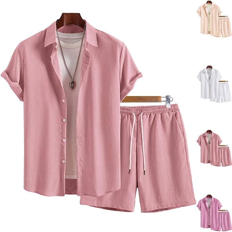 Mens Solid-Color Lapel Short-Sleeve Shirt Set - الصورة 3