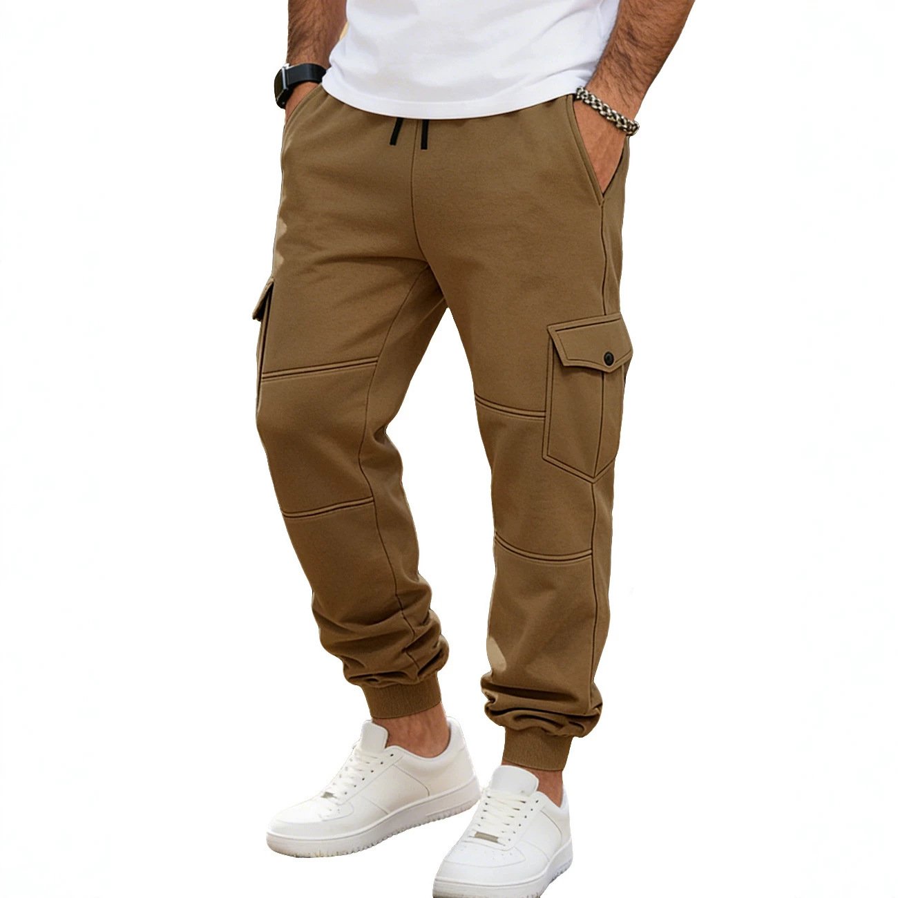 Mens Patchwork Multi-Pocket Drawstring Workwear Casual Pants - الصورة 4