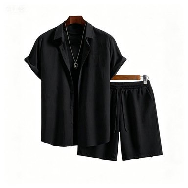 Mens Solid-Color Lapel Short-Sleeve Shirt Set - الصورة 10