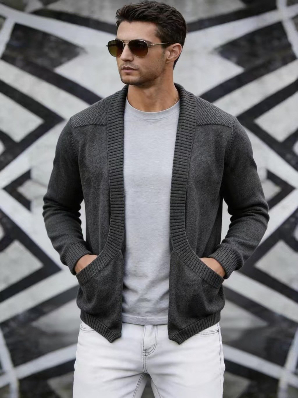 Mens Cardigan Sweater Shawl-Neck Knitted Coat - الصورة 8