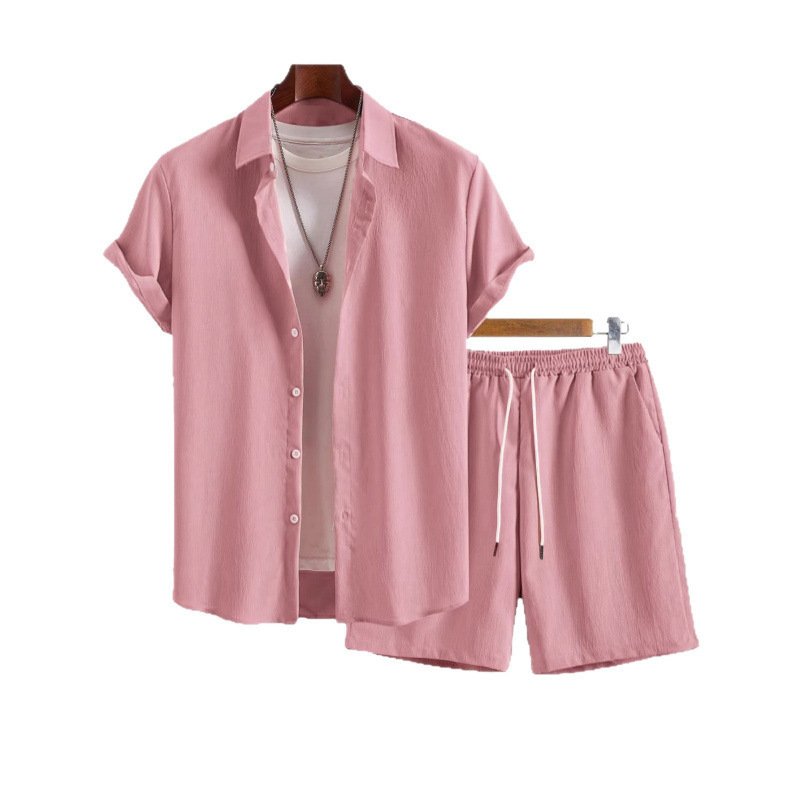Mens Solid-Color Lapel Short-Sleeve Shirt Set - الصورة 5