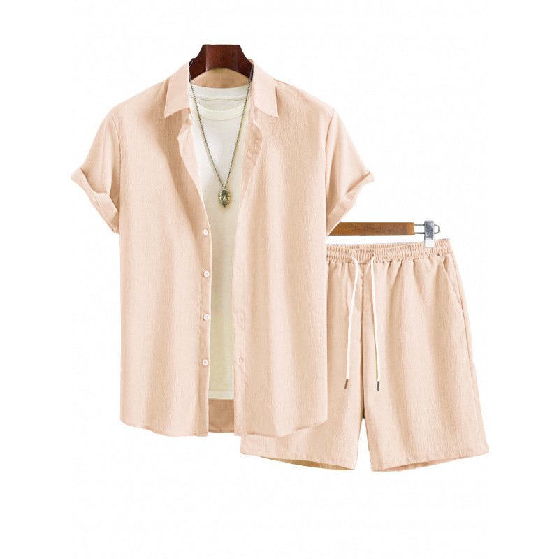 Mens Solid-Color Lapel Short-Sleeve Shirt Set - الصورة 9