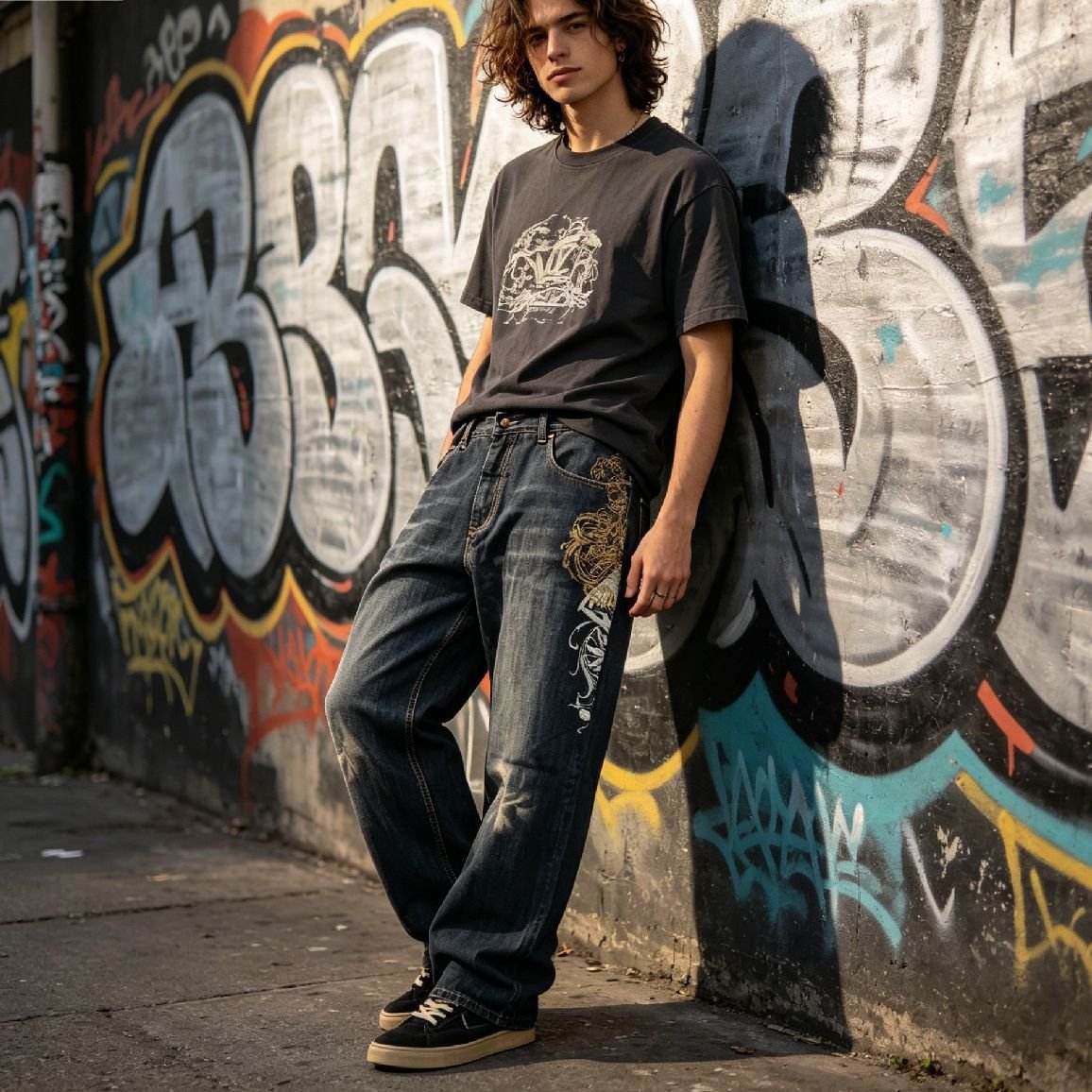 American Retro Embroidered Jeans Washed Loose Casual Straight-leg Wide Leg Pants - الصورة 6