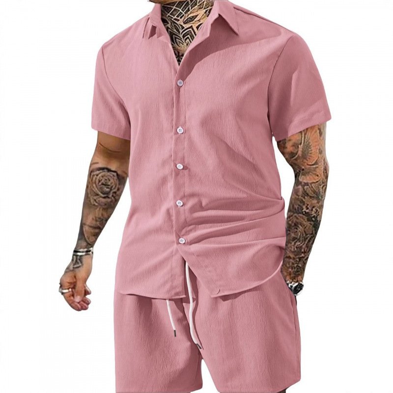 Mens Solid-Color Lapel Short-Sleeve Shirt Set - الصورة 4
