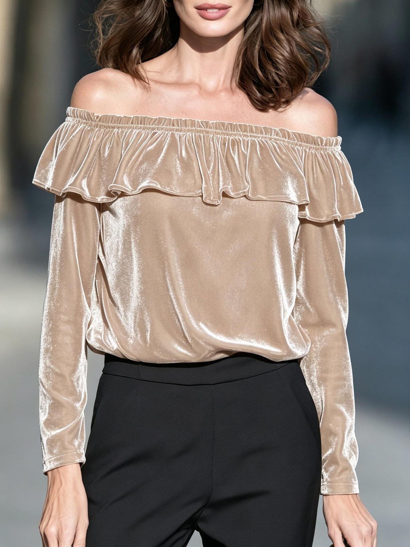 New Autumnwinter Off-shoulder Velvet Long-sleeve Top With Ruffled Hem - الصورة 9