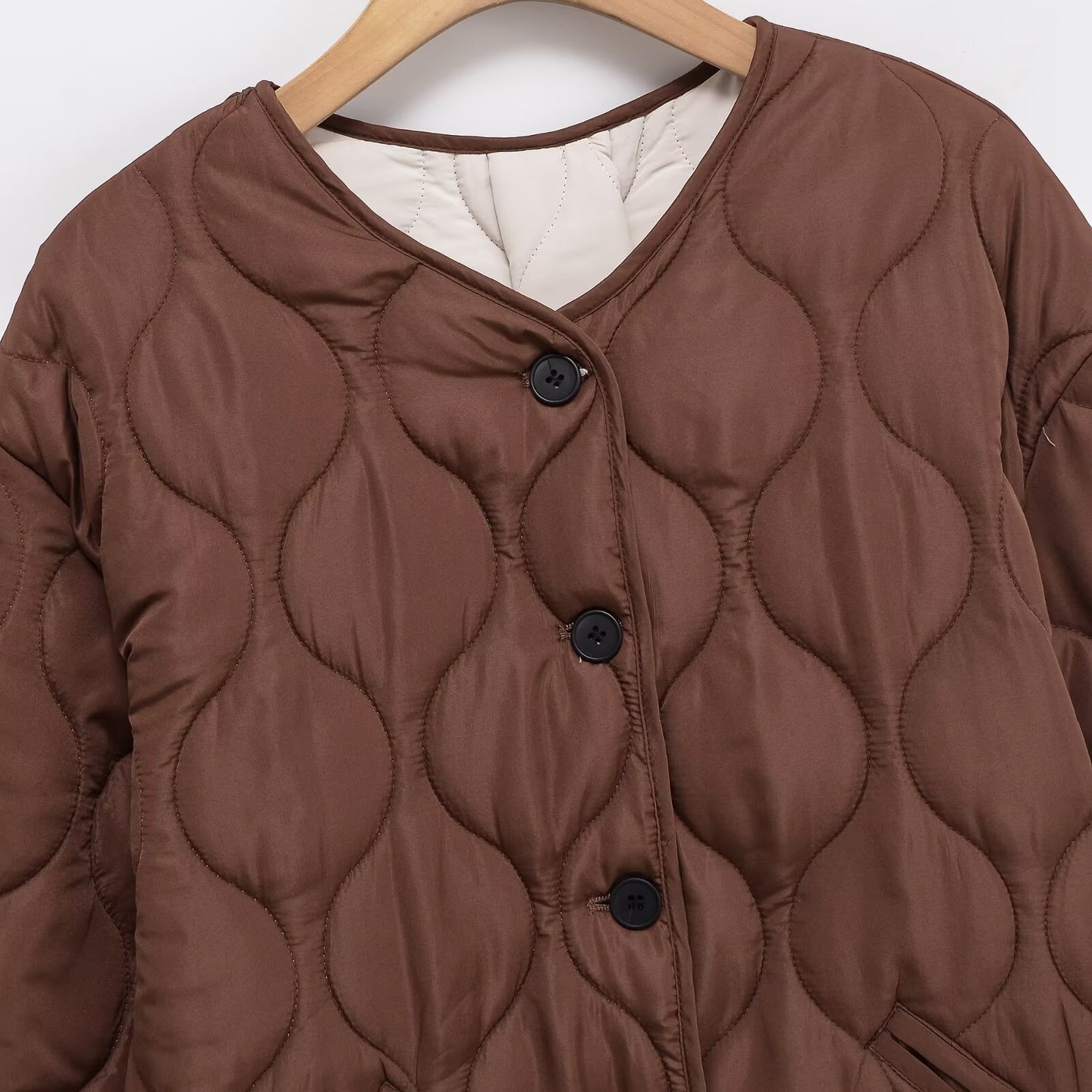 Dark Brown Crew-neck Long-sleeve Cotton Jacket - الصورة 2