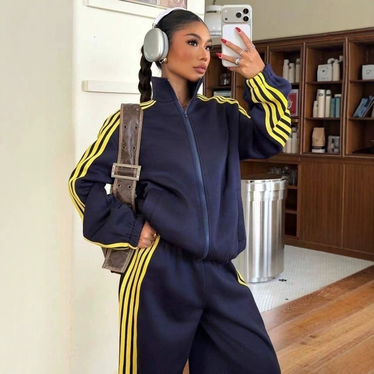 Color-block Striped Jacket And Pants Womens Sportswear Set - الصورة 5