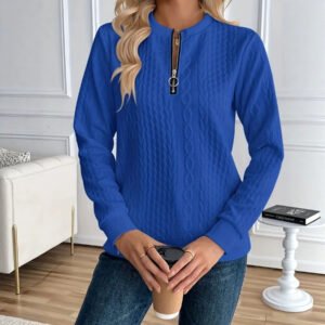 Womens Casual Solid-color Zip-up Crew-neck Top