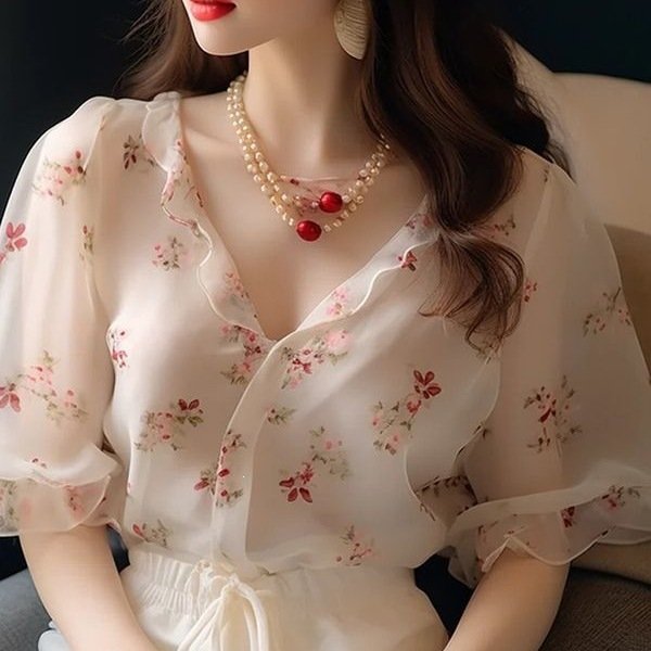 Womens Floral V-Neck Short-Sleeve Shirt - الصورة 5