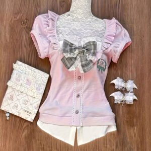 College-style Bow-tie Top With Ruffled Gray Skirt Set
