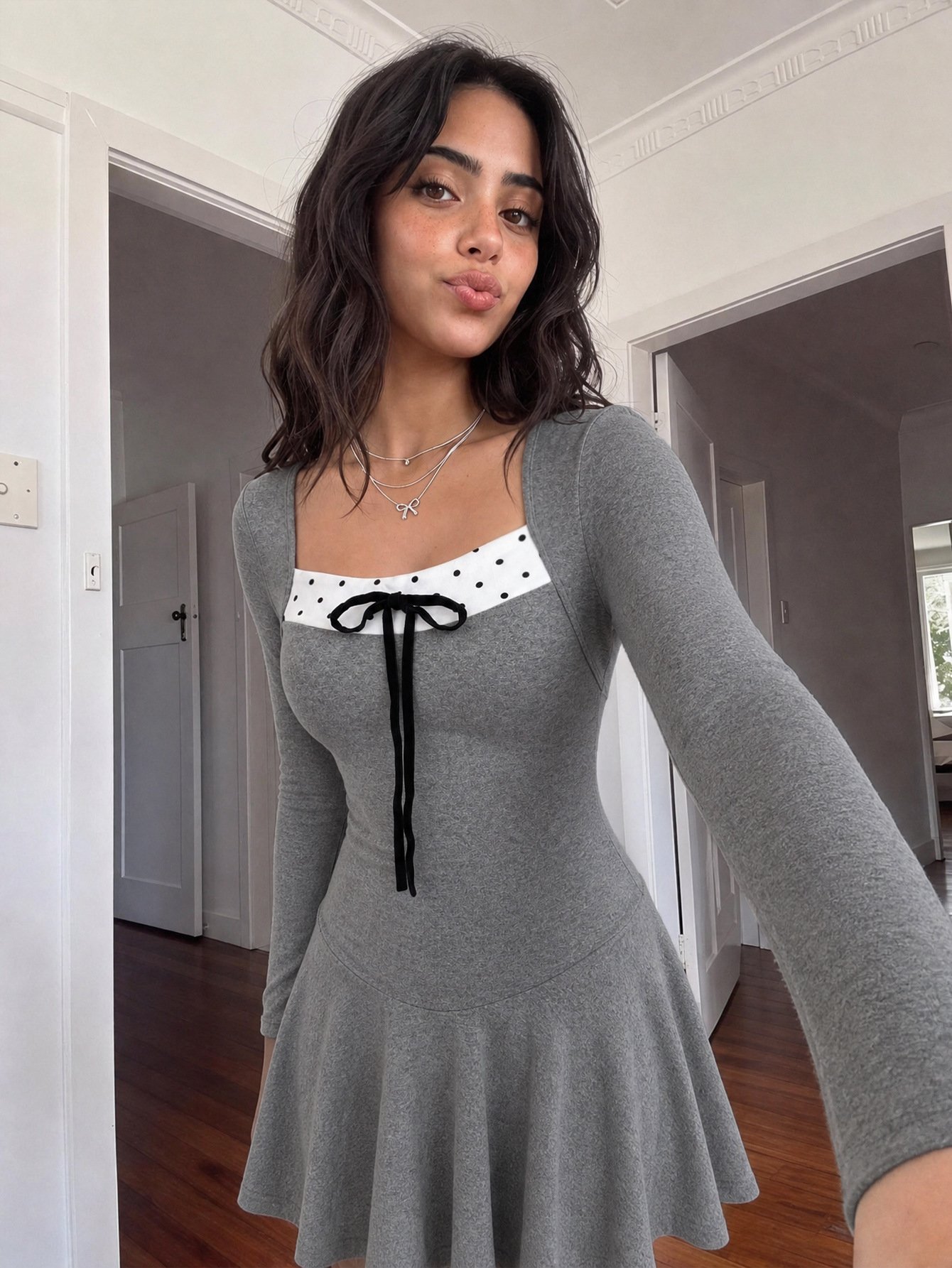 New Arrival Square-neck Long-sleeve Polka-dot Dress That Flatters - الصورة 6