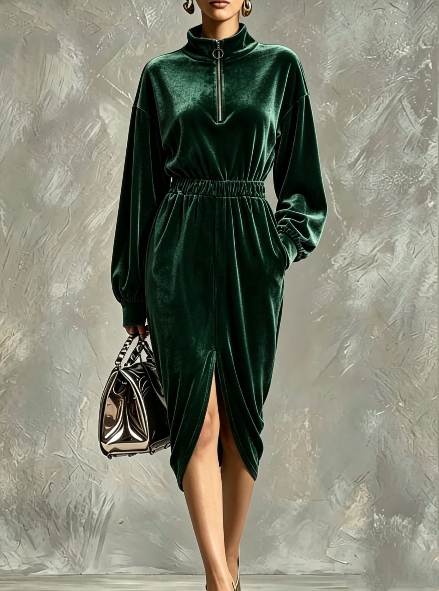 Women's Fashion Velvet Zip-front Waist-cinching Long-sleeve Dress - الصورة 10