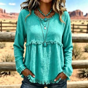 Tasseled Vintage Crew-neck Top Chic Long-sleeve Shirt