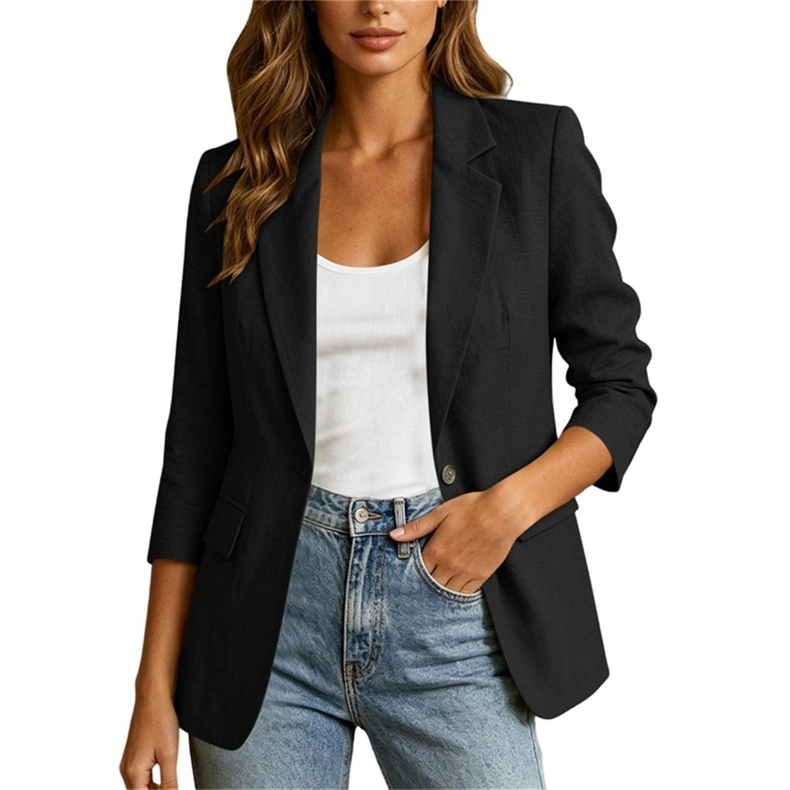 Solid-color Single-button Blazer With A Lapel Collar - الصورة 7