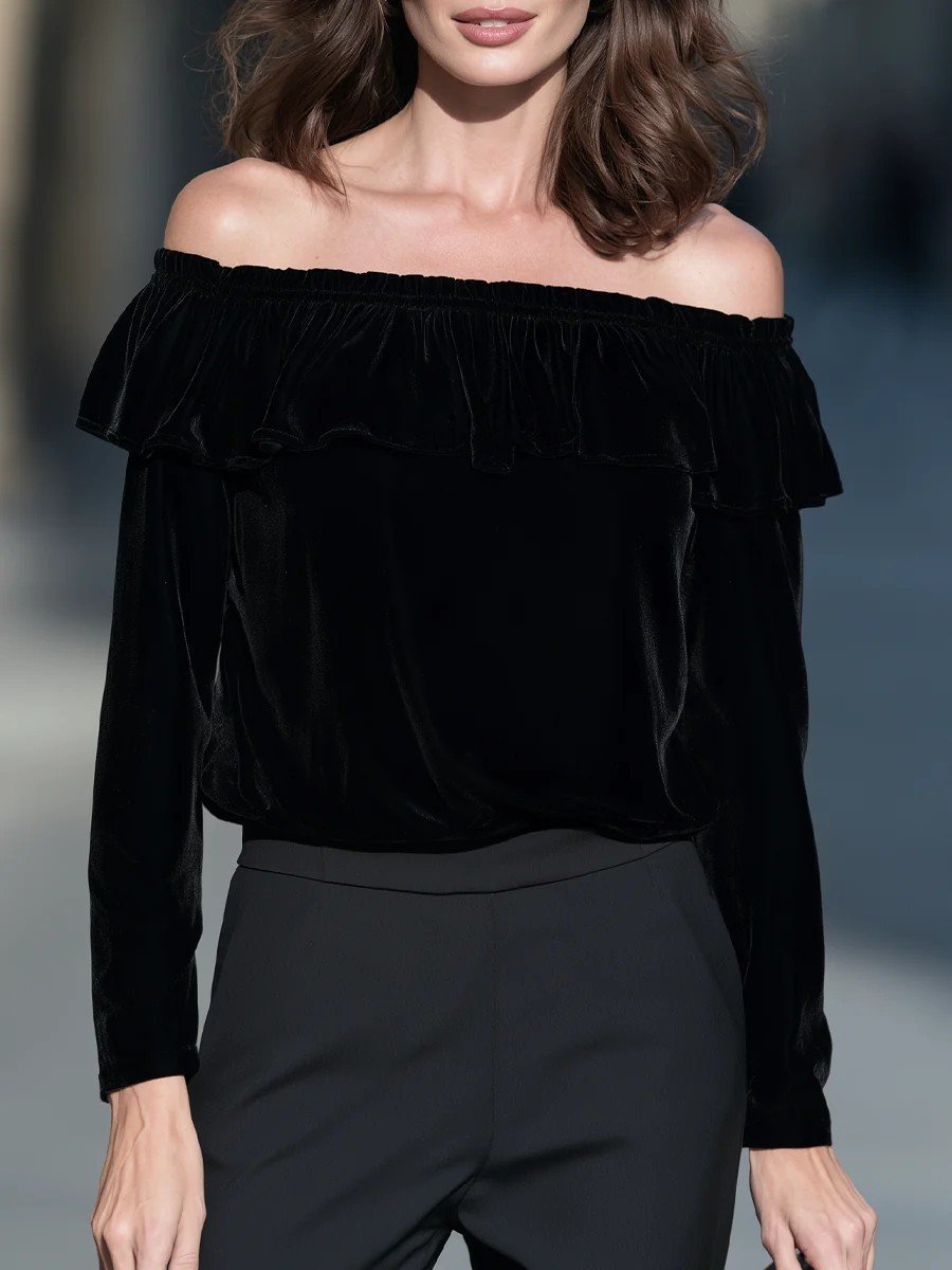 New Autumnwinter Off-shoulder Velvet Long-sleeve Top With Ruffled Hem - الصورة 4