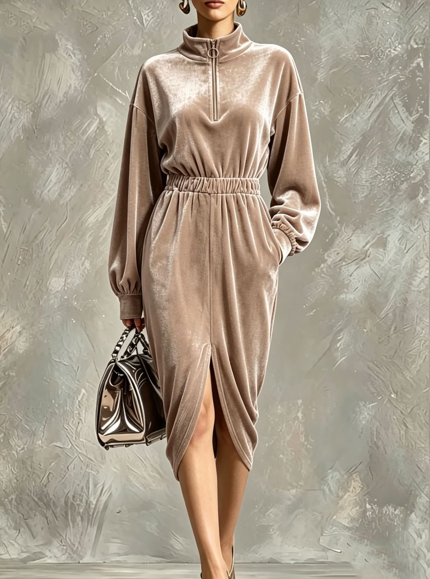 Women's Fashion Velvet Zip-front Waist-cinching Long-sleeve Dress - الصورة 6