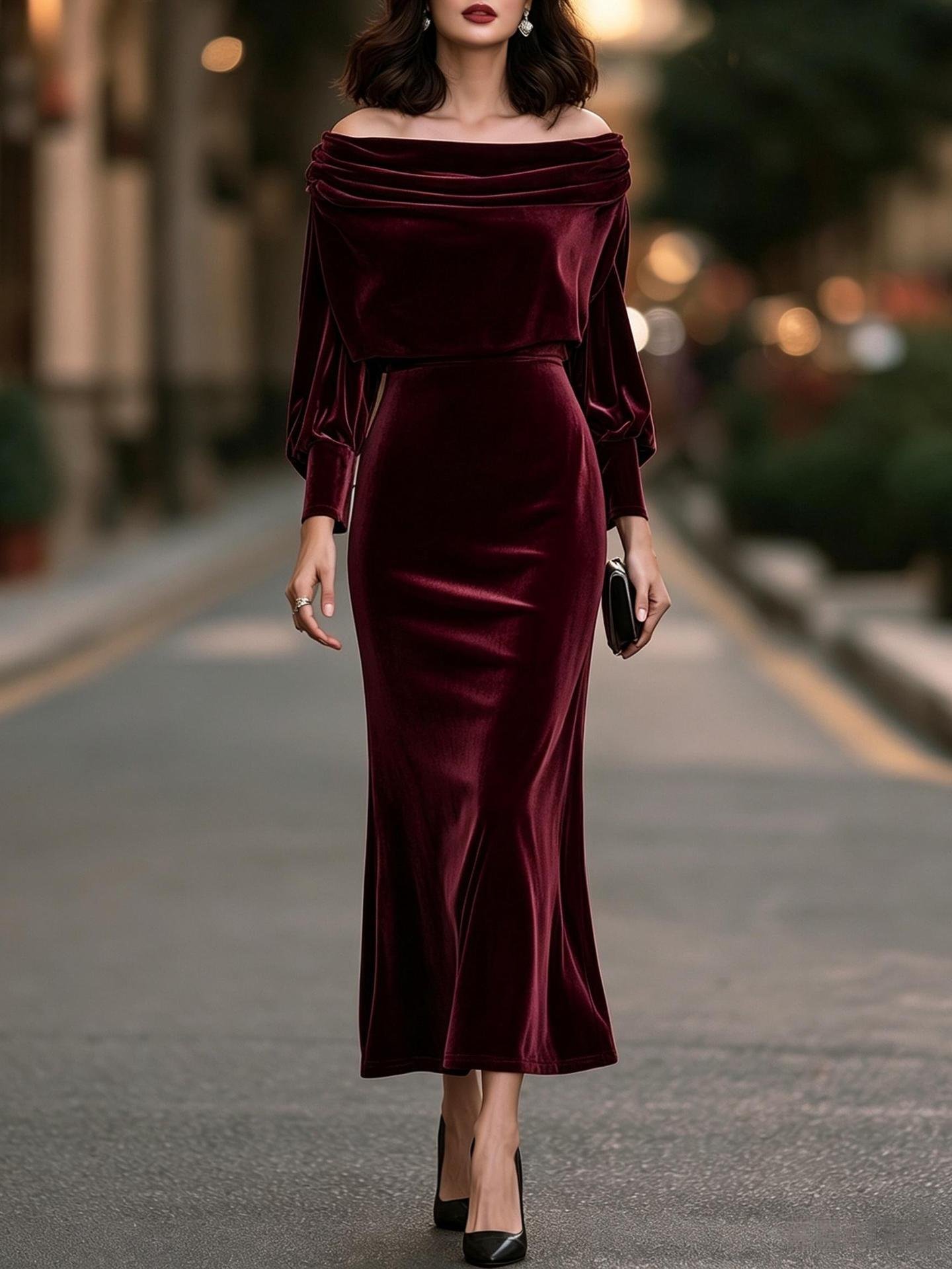 New Elegant Velvet Waist-cinching Dress - الصورة 2