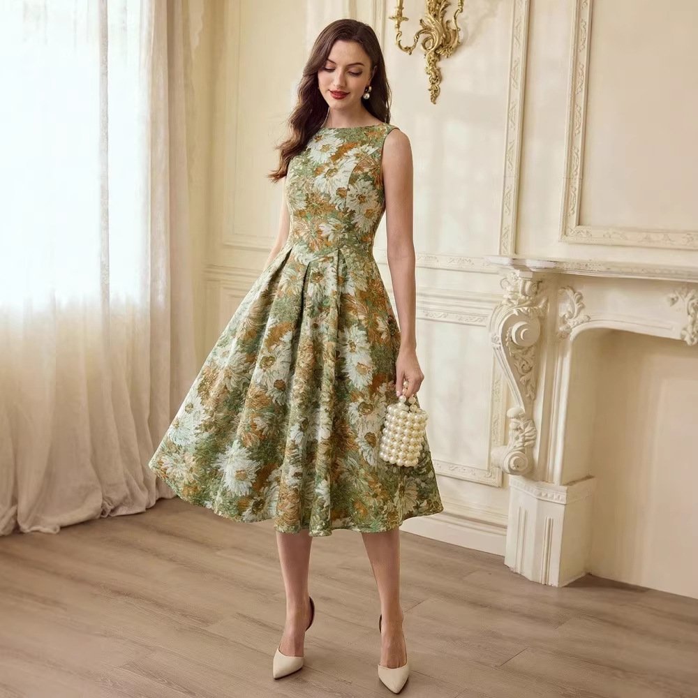 French-style Women's Retro Oil-painting Sleeveless Dress - الصورة 3