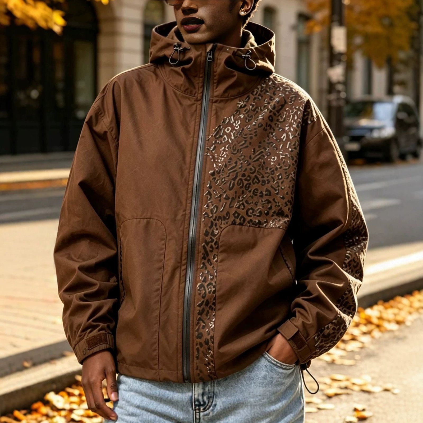 Men's Jacket Changes Color When Exposed To Water, Outdoor Sports Leopard Print - الصورة 6