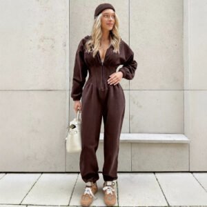 Women's Fallwinter Jumpsuit With Long Sleeves Sporty And Casual Featuring A Hood