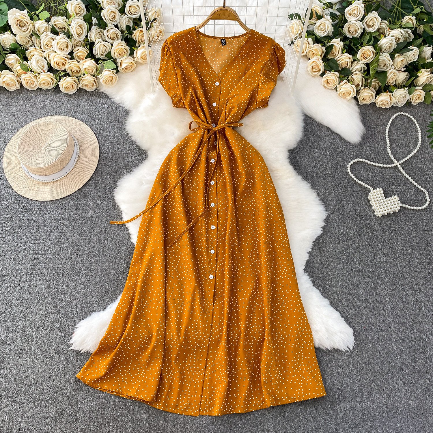 Womens Solid-Color Polka-Dot V-Neck Short-Sleeve Dress - الصورة 7