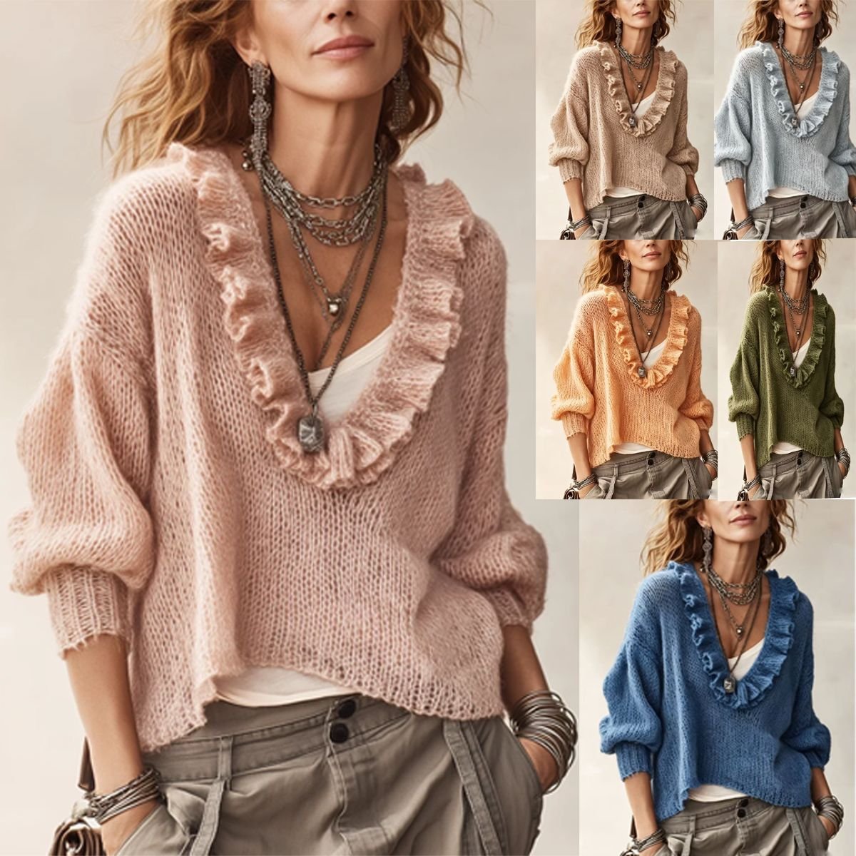Ruffle-trimmed V-neck Knitted Top Short Sweater For Women - الصورة 3