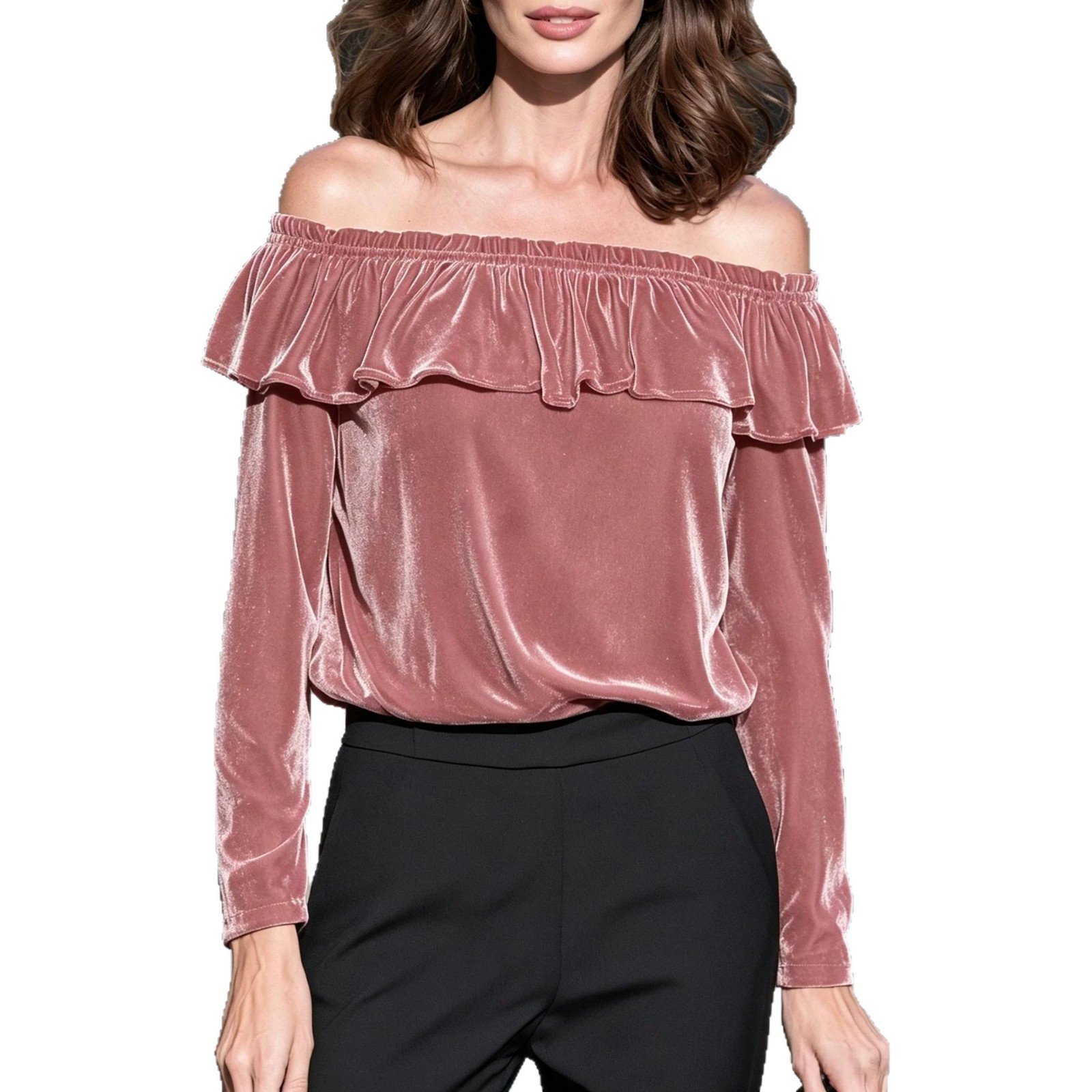 New Autumnwinter Off-shoulder Velvet Long-sleeve Top With Ruffled Hem - الصورة 10
