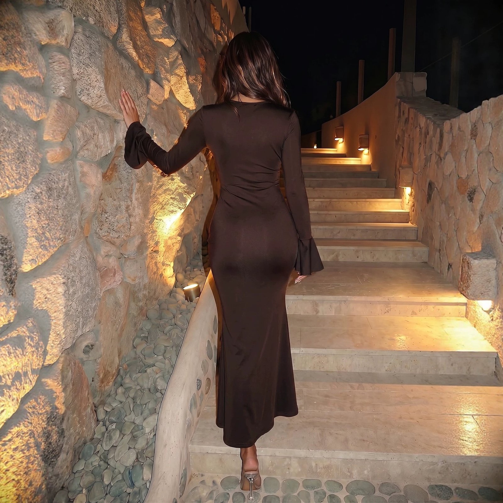 Women's V-neck Flared Long-sleeve Dress - الصورة 3