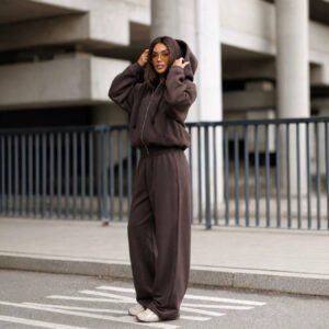 Women's Two-piece Set Zip-up Hooded Sweatshirt And Wide-leg Trousers