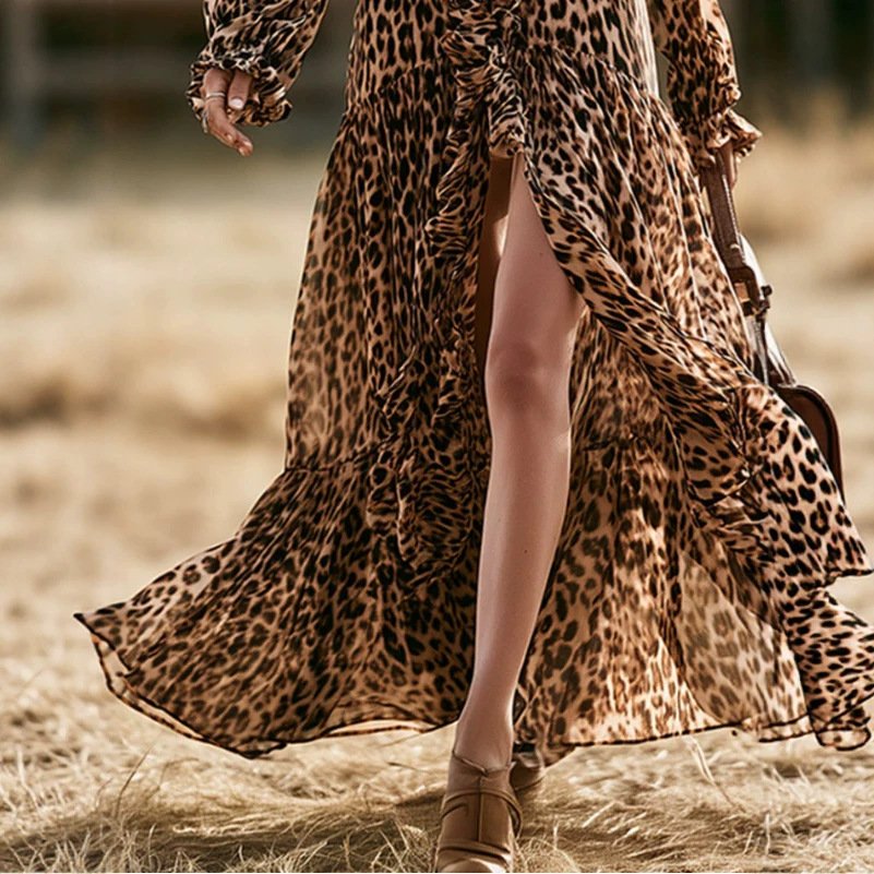 Womens Leopard-Print Ruffle-Trim Long-Sleeve Dress - الصورة 5