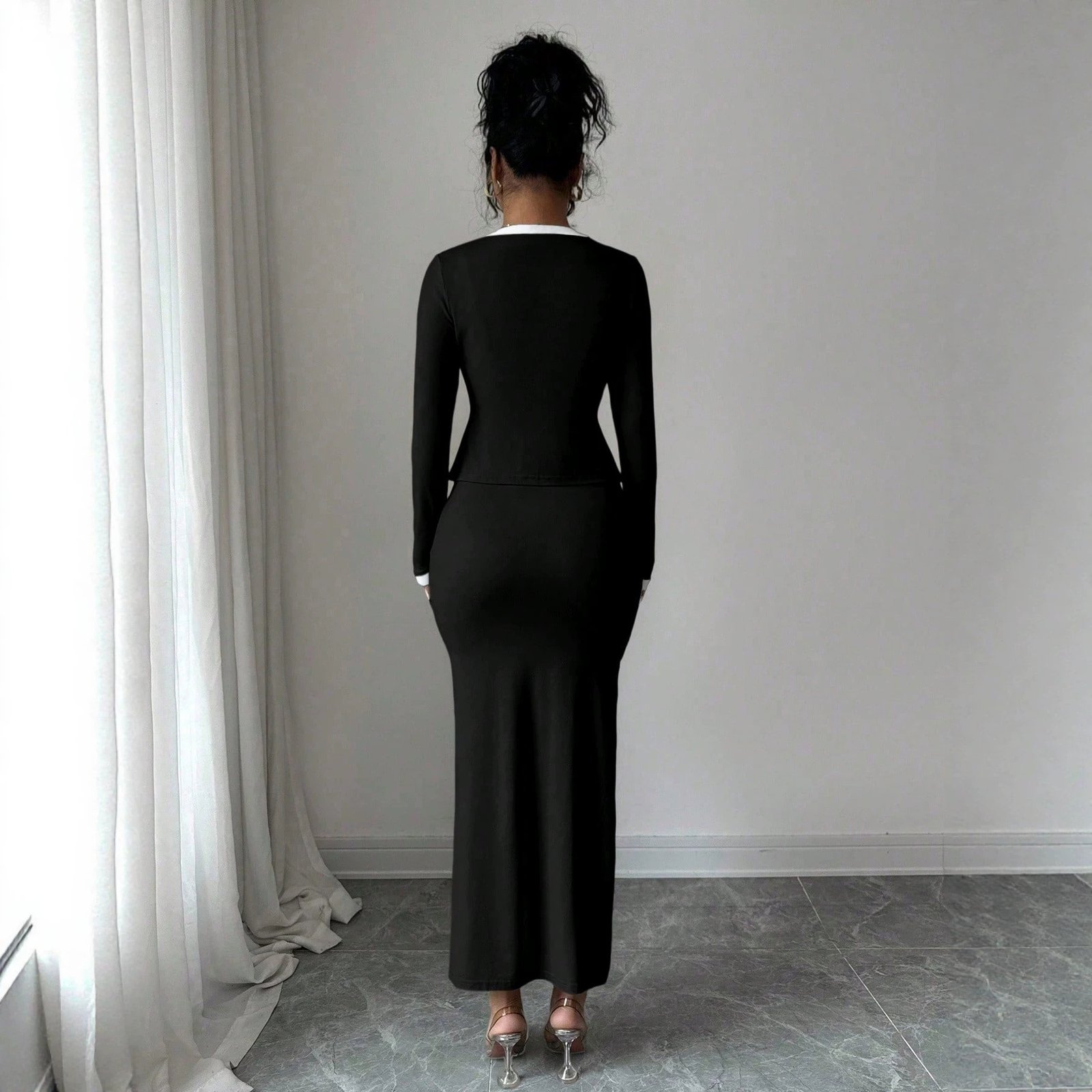 Elegant Black-and-white Color-blocked Coat And Slip Dress Two-piece Set - الصورة 5