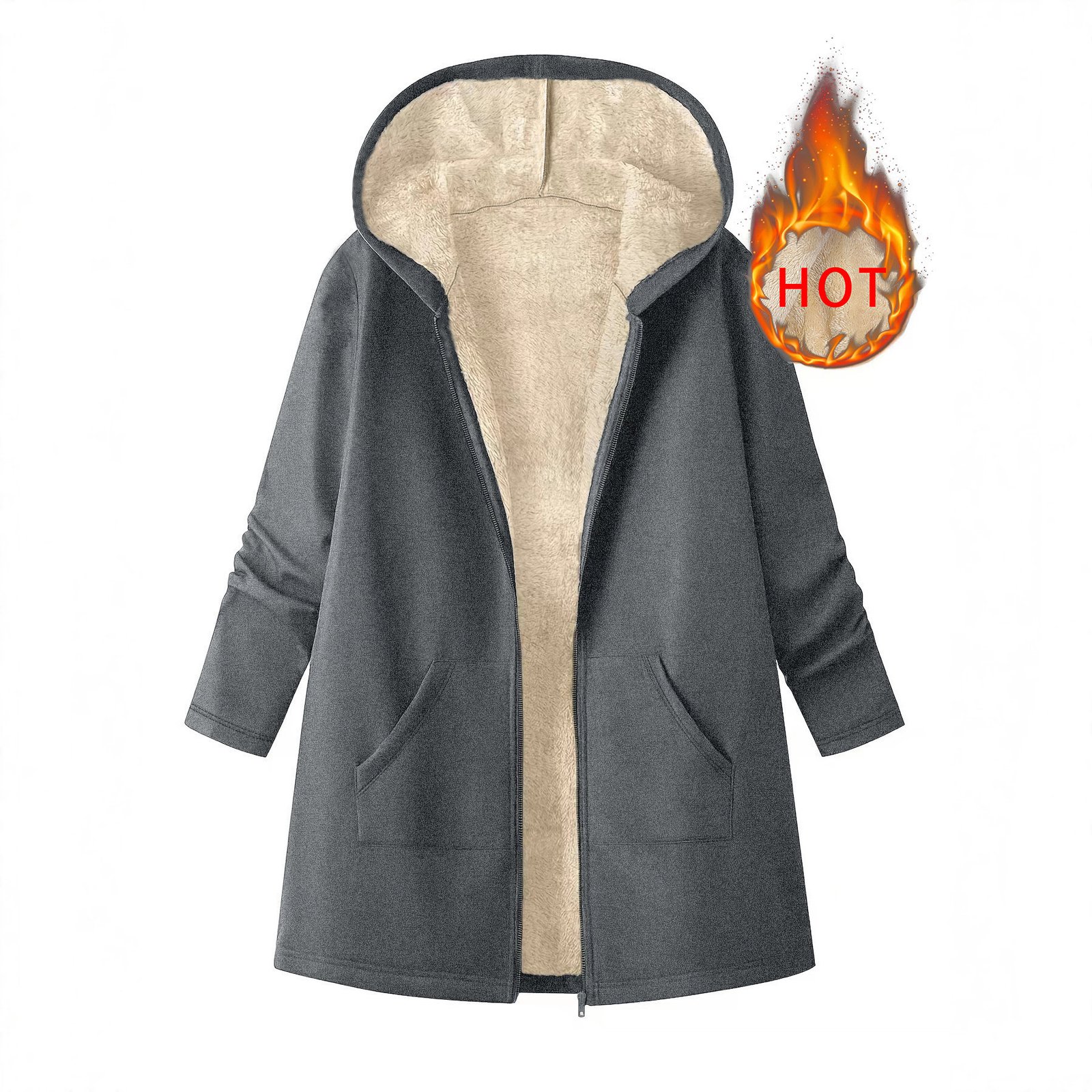 Women's Solid-Color Fleece-Lined Warm Mid-Length Hooded Coat - الصورة 4