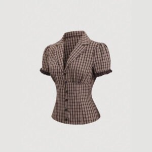 Summer New Wave Lace Patchwork Lapel Slim-fit Plaid Short-sleeve Shirt