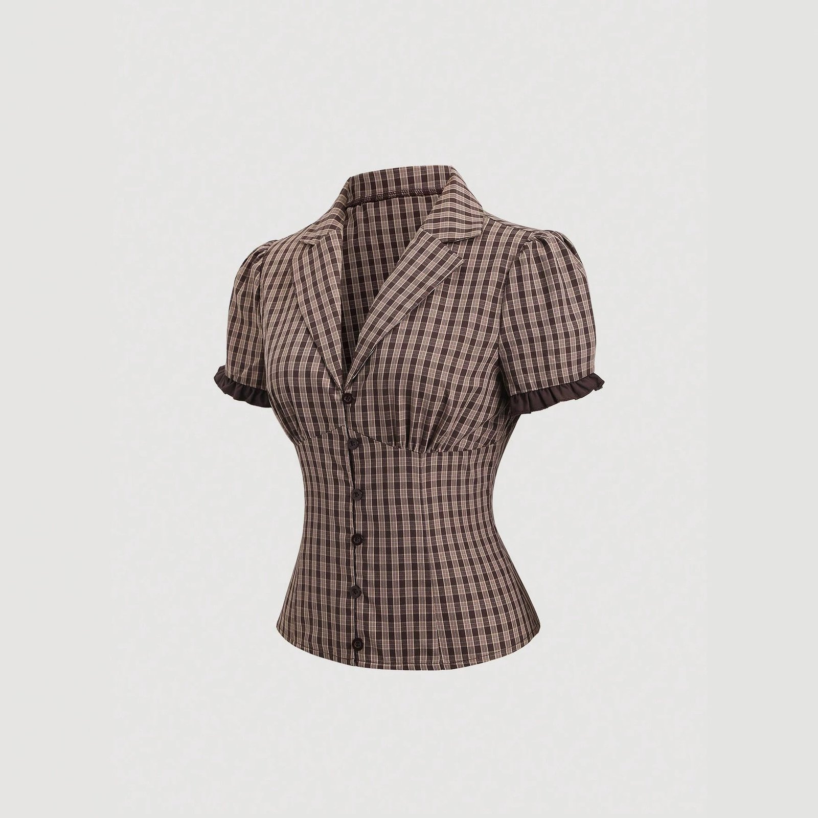 Summer New Wave Lace Patchwork Lapel Slim-fit Plaid Short-sleeve Shirt