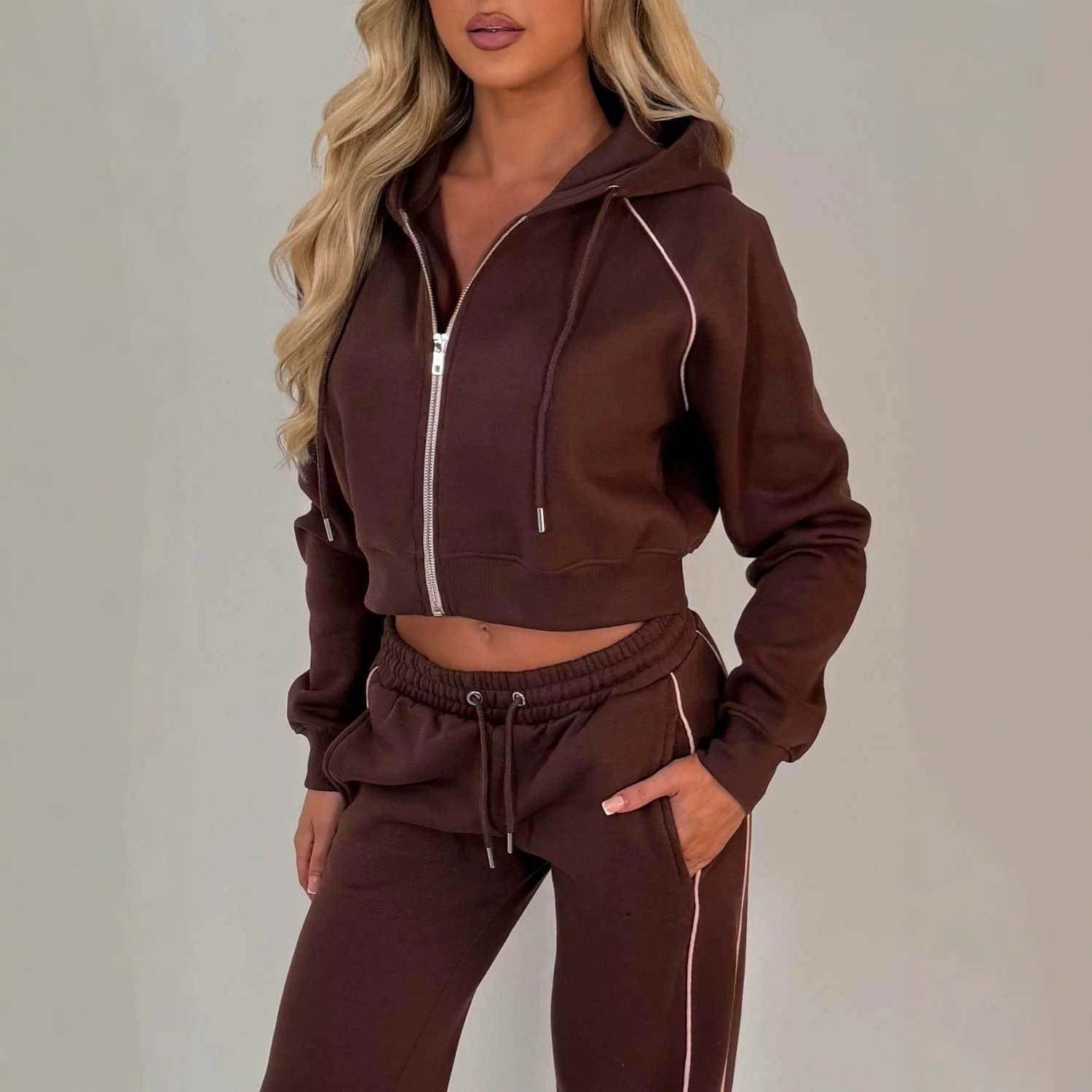 New Autumn Womens Set Hooded Zip-up Jacket And Striped Elastic-waist Pants - الصورة 3