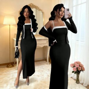 Elegant Black-and-white Color-blocked Coat And Slip Dress Two-piece Set