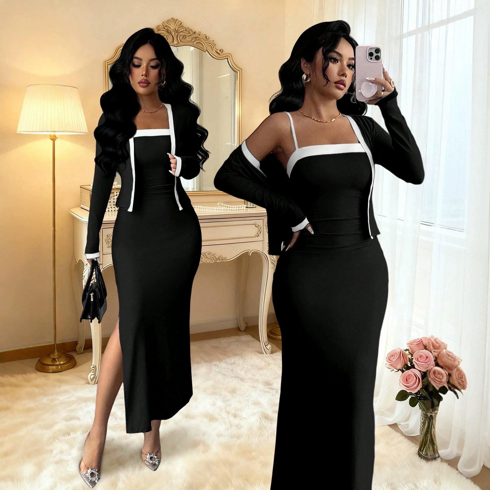 Elegant Black-and-white Color-blocked Coat And Slip Dress Two-piece Set