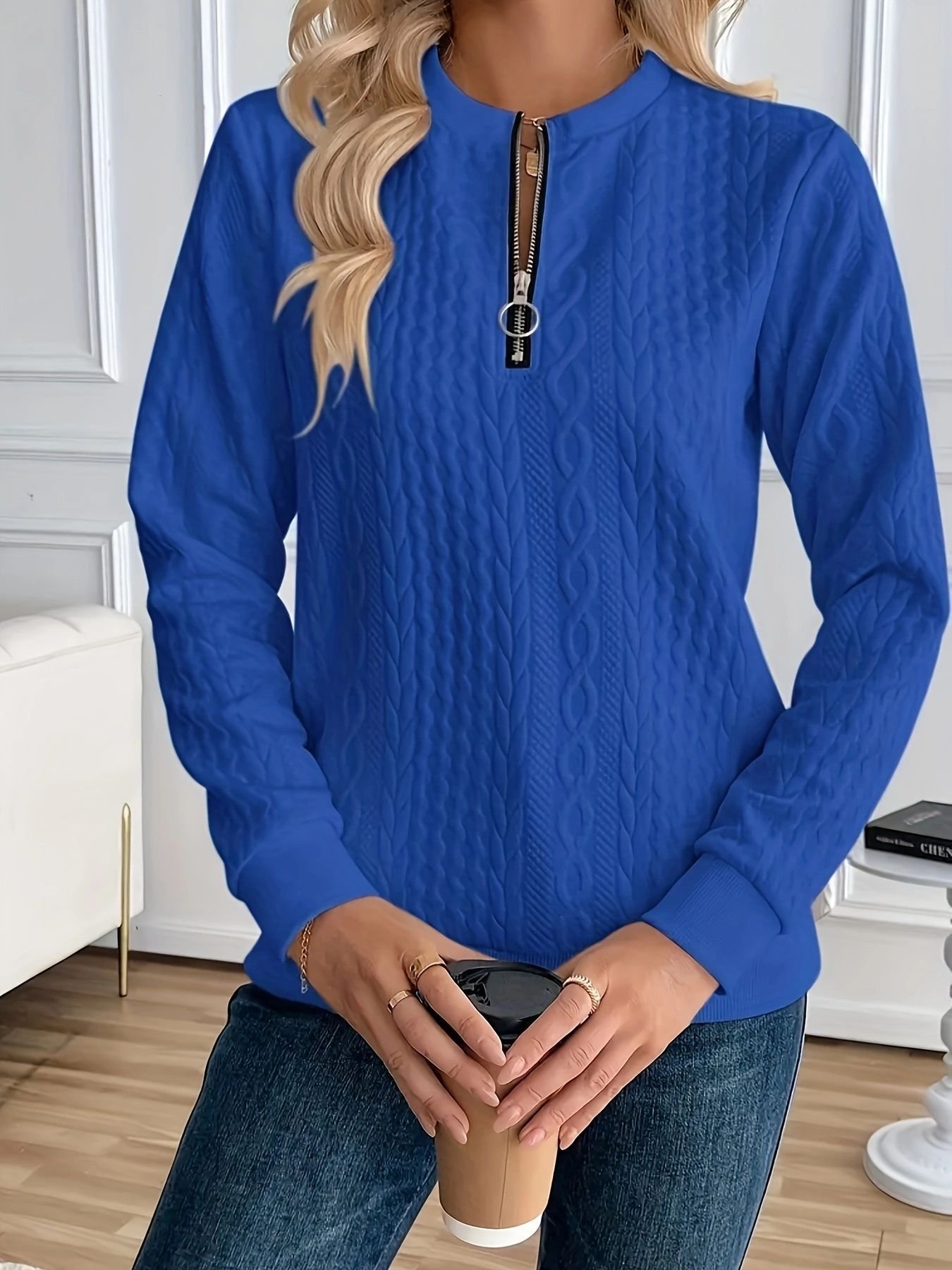 Womens Casual Solid-color Zip-up Crew-neck Top - الصورة 5