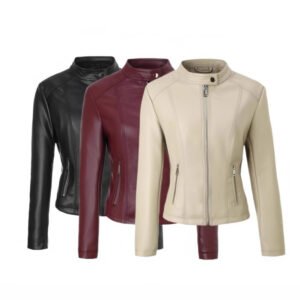 Women's Stand-collar Zip-up Biker PU Leather Jacket