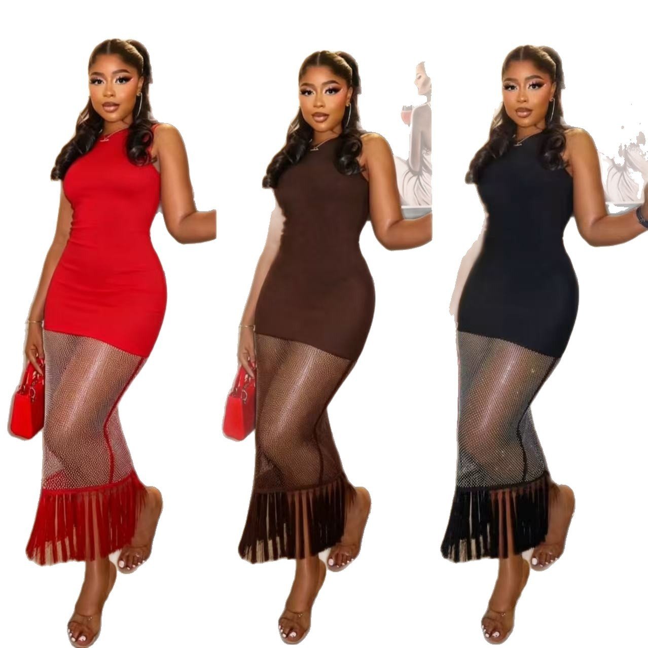 Women's Mesh Dress With Rhinestone Accents And Tassel Details - الصورة 4