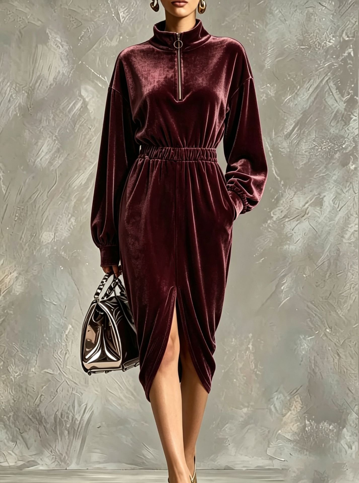 Women's Fashion Velvet Zip-front Waist-cinching Long-sleeve Dress - الصورة 7