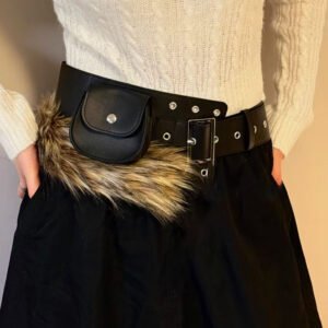 New Womens Fluffy Patchwork Belt Accessory With A Lipstick Pouch