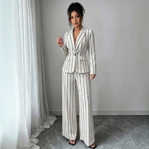 Elegant Vertical-striped Coat And High-waisted Wide-leg Pants For Women