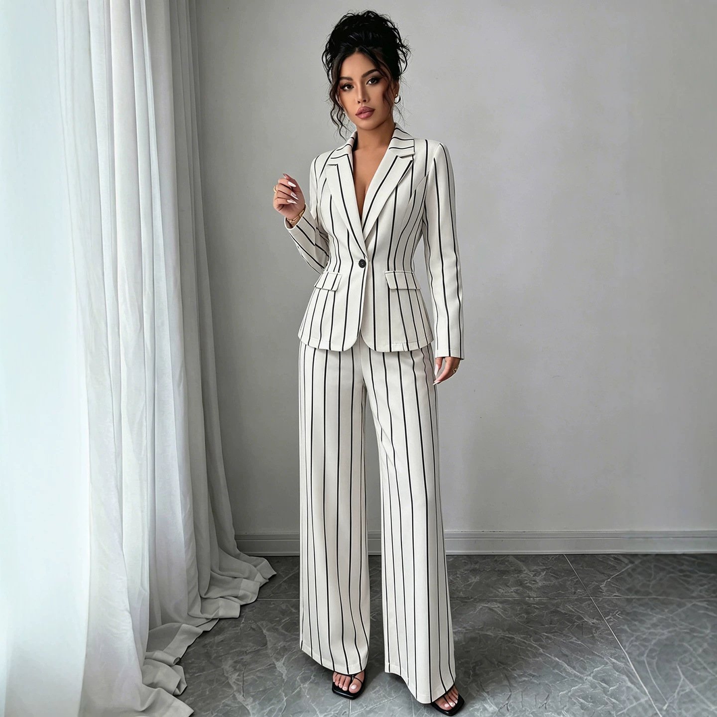 Elegant Vertical-striped Coat And High-waisted Wide-leg Pants For Women